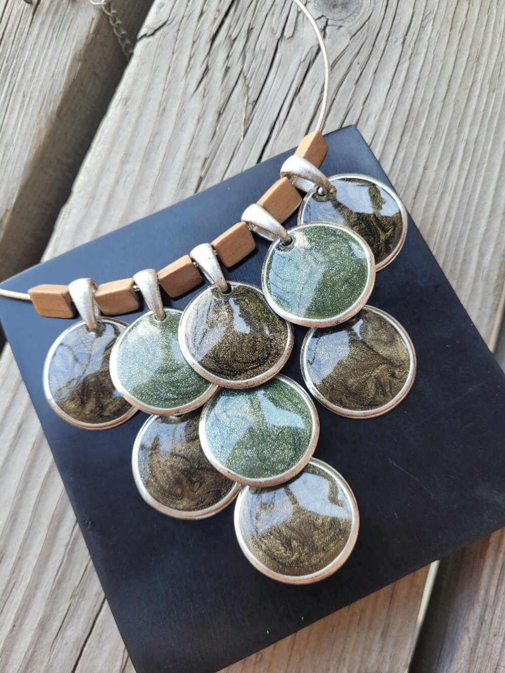 Chico's Overlapping Discs Boho Necklace, Silver-toned with Earthy Green & Browns